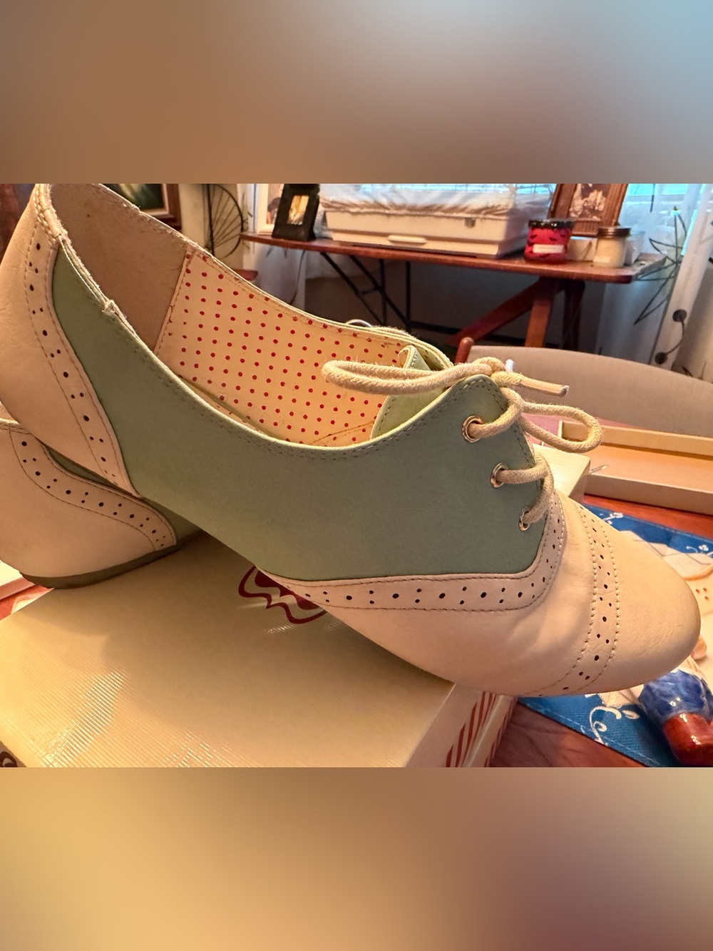 Classic Two-Tone Mint and Cream Lace-Up Flats